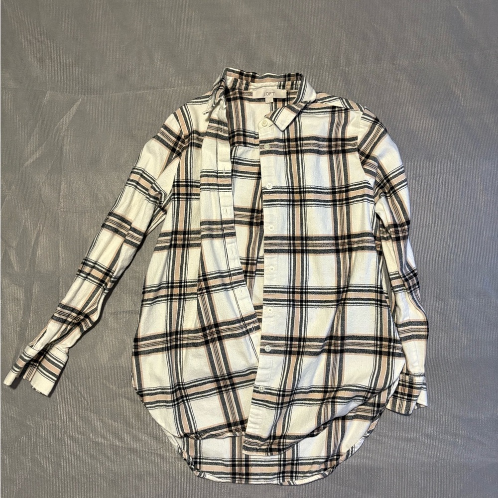 LOFT Cream and Black Plaid Shirt